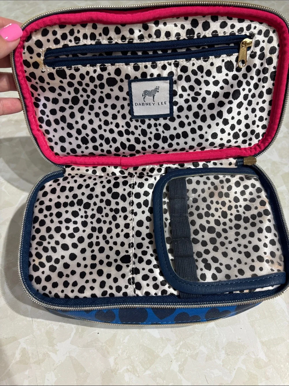 Dabney Lee Multiple Compartment Blue Cosmetic Pouch with Navy Heart Print
